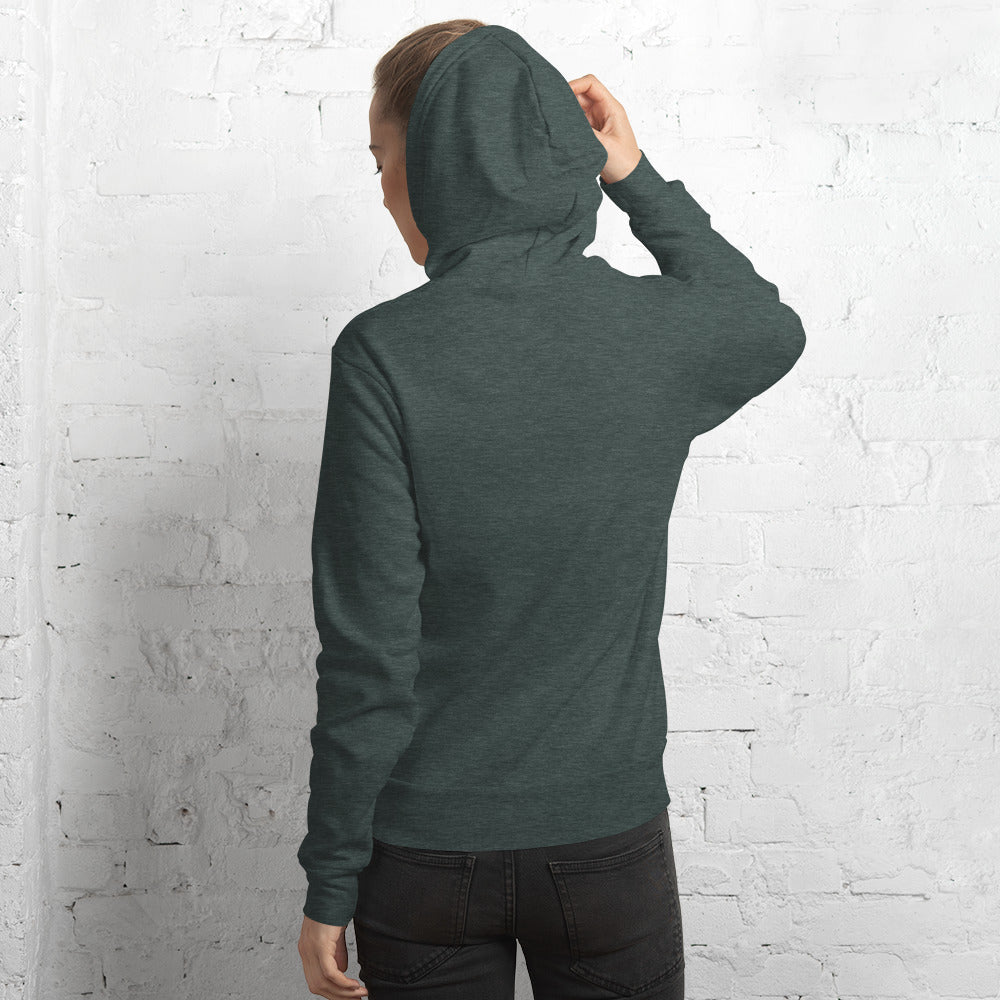 Unisex hoodie with "Empty Schedule and One Way Ticket" Print in Dark Colors